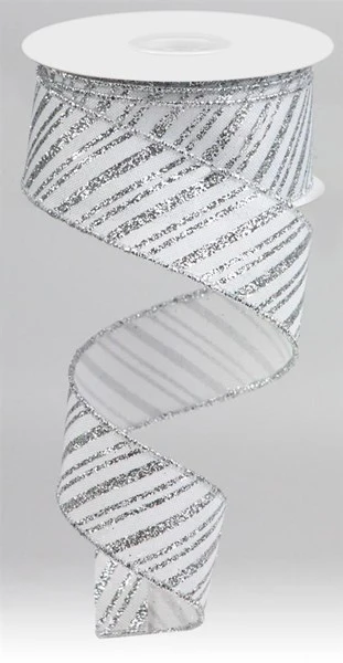 Silver Glitter Stripe On White Wired Ribbon - 1.5 x 10yds