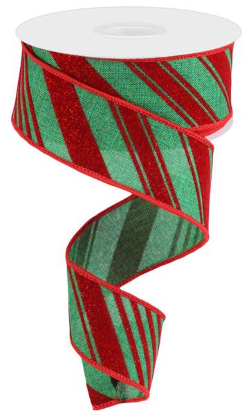 Emerald Green & Red Glitter Velvet Diagonal Stripes Wired Ribbon - 1.5" x 10yds