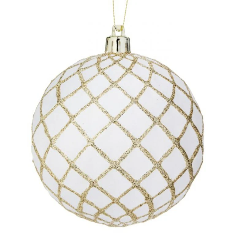 100mm VP Glitter Net Concave Ball Ornament - White & Gold