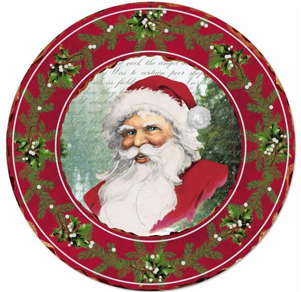 12" Diameter Metal/Glitter Vintage Santa Sign