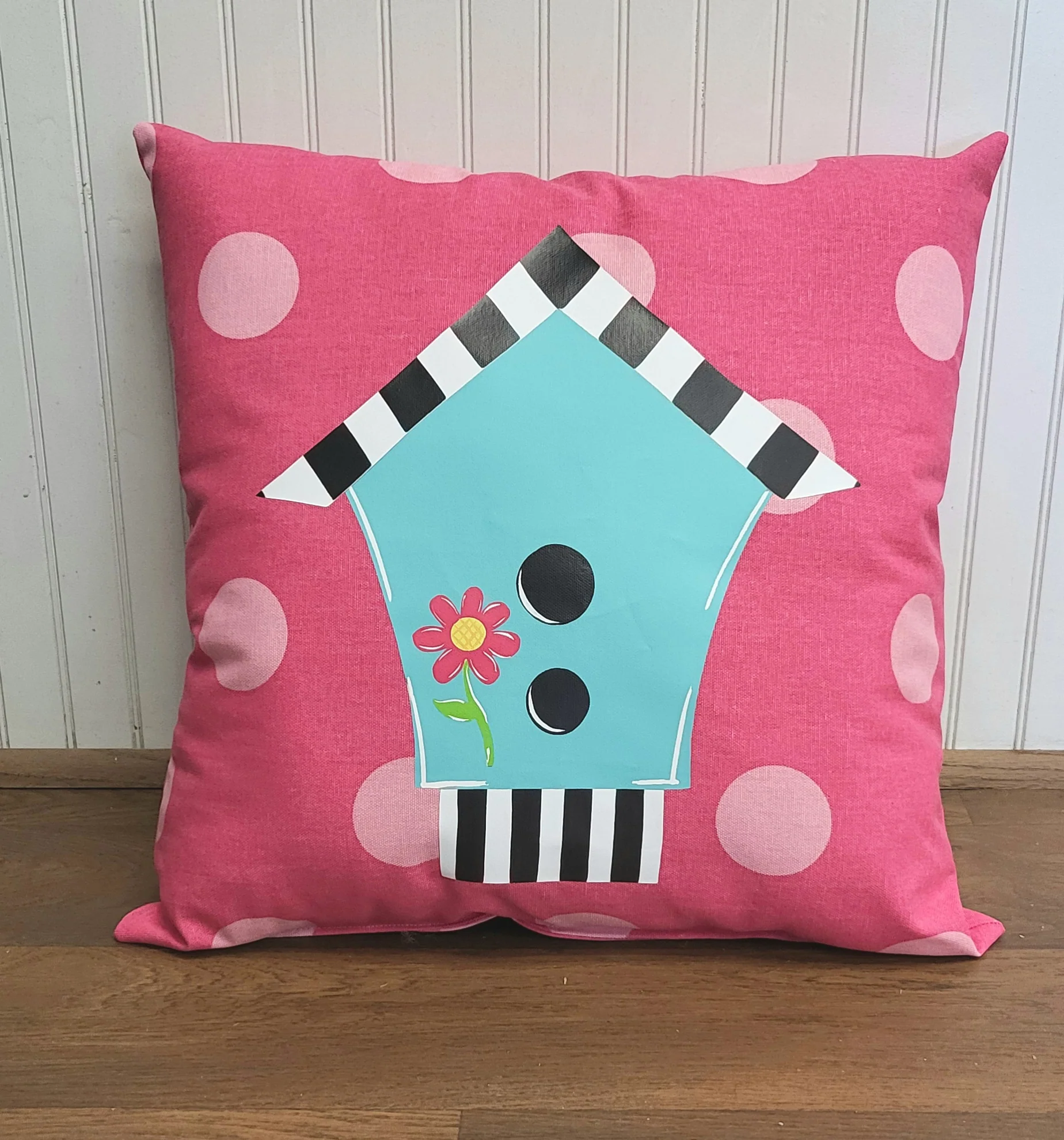 Custom Pillow - Birdhouse - Turquoise on Candy Pink with Light Pink Polka Dot Outdoor Fabric