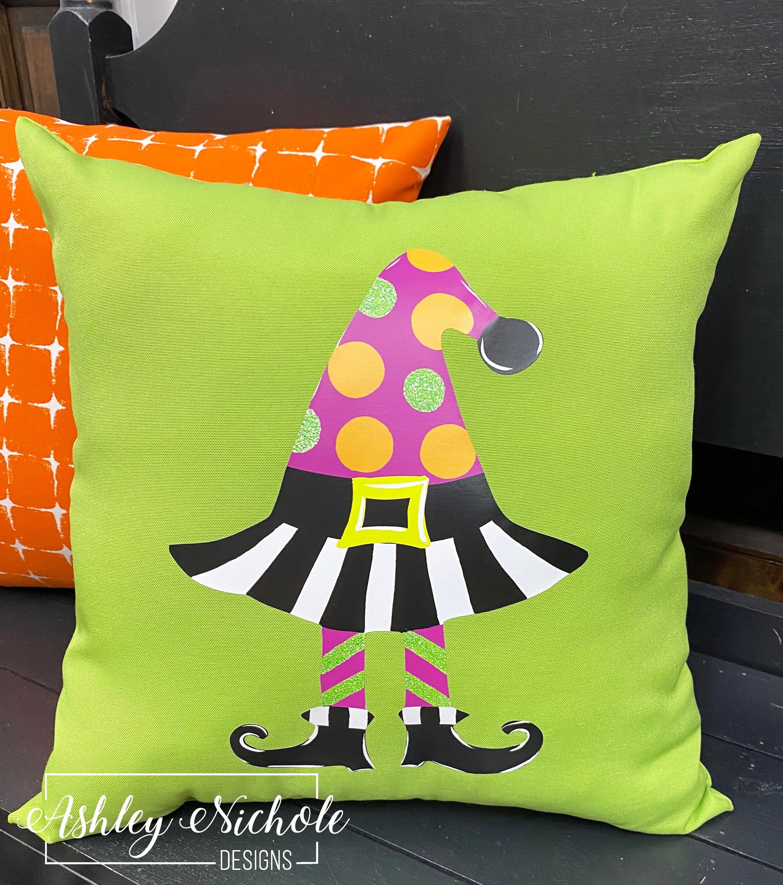 Custom Pillow - Funky Halloween Witch Hat on Apple Green Outdoor Fabric