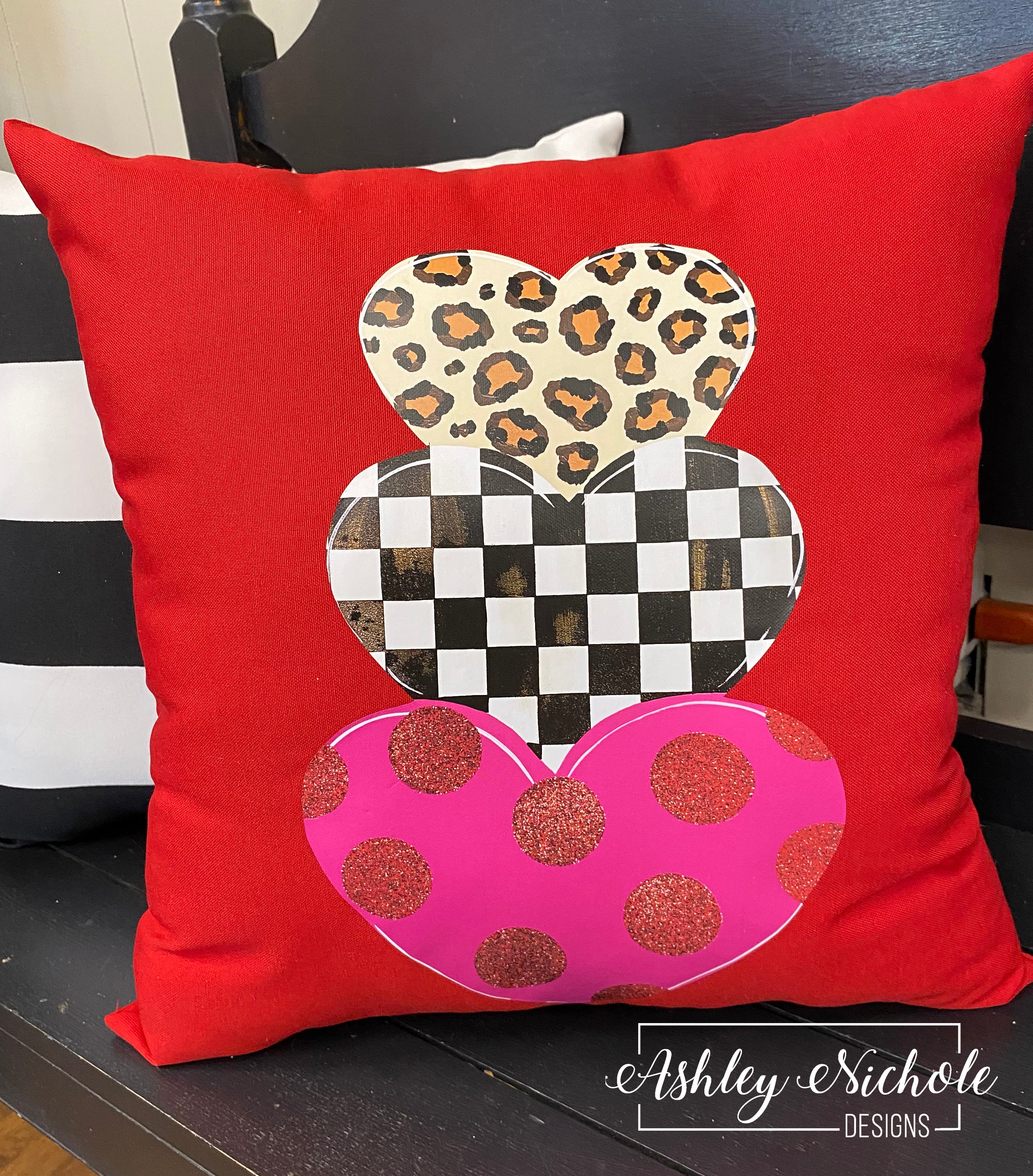 Custom Pillow - Heart Stack Elegant Valentine on Red Outdoor Fabric