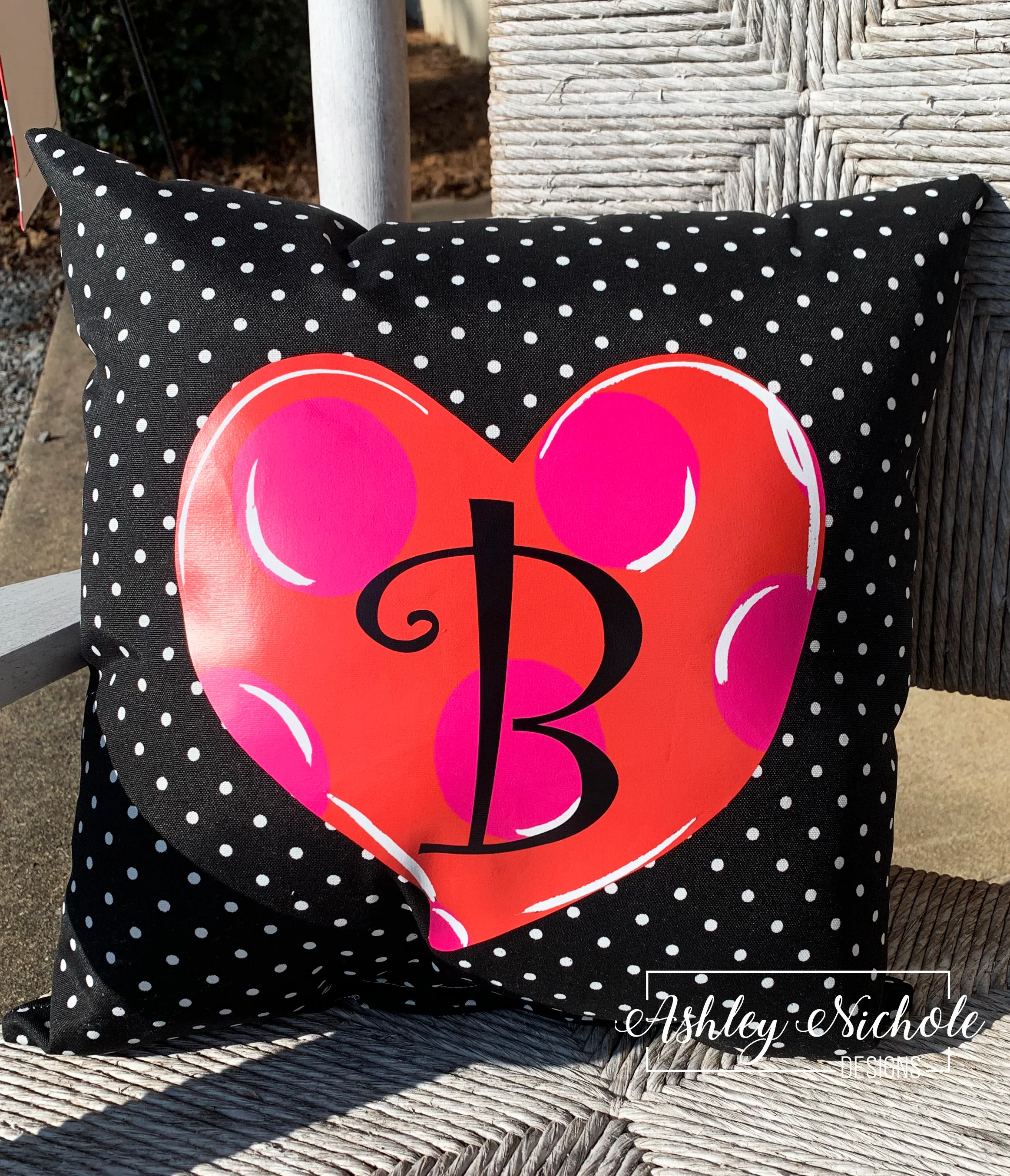 Custom Pillow - Heart - Pink and Red - Initial - on Black & White Mini Dot Outdoor Fabric