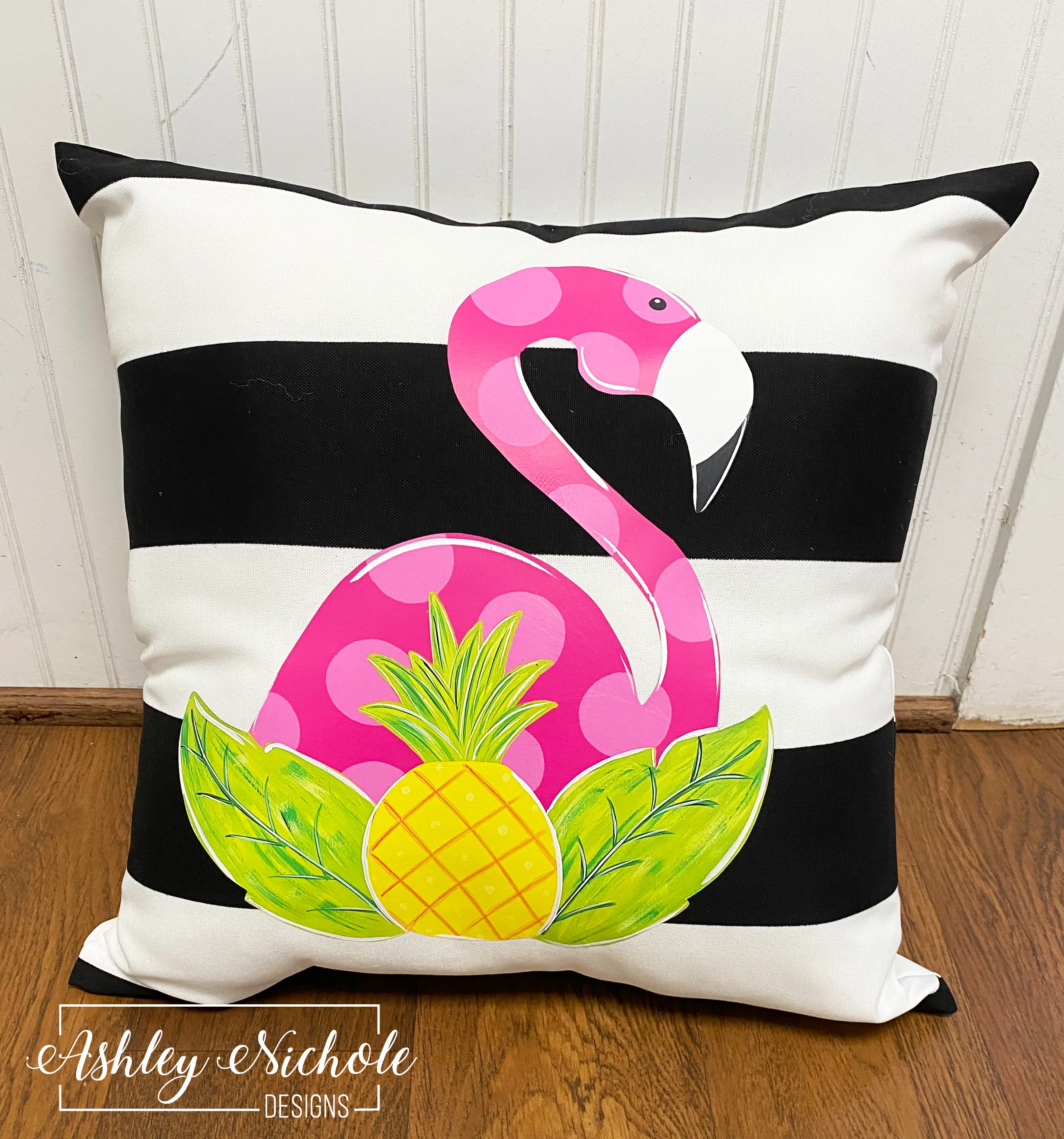 Custom Pillow - Tropical Flamingo on Black & White Stripe Outdoor Fabric