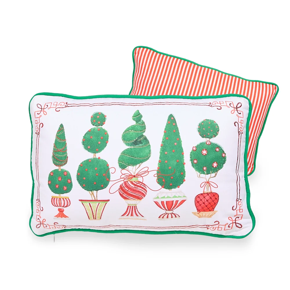 18" Merry Topiaries Lumbar Pillow - White/Green/Red
