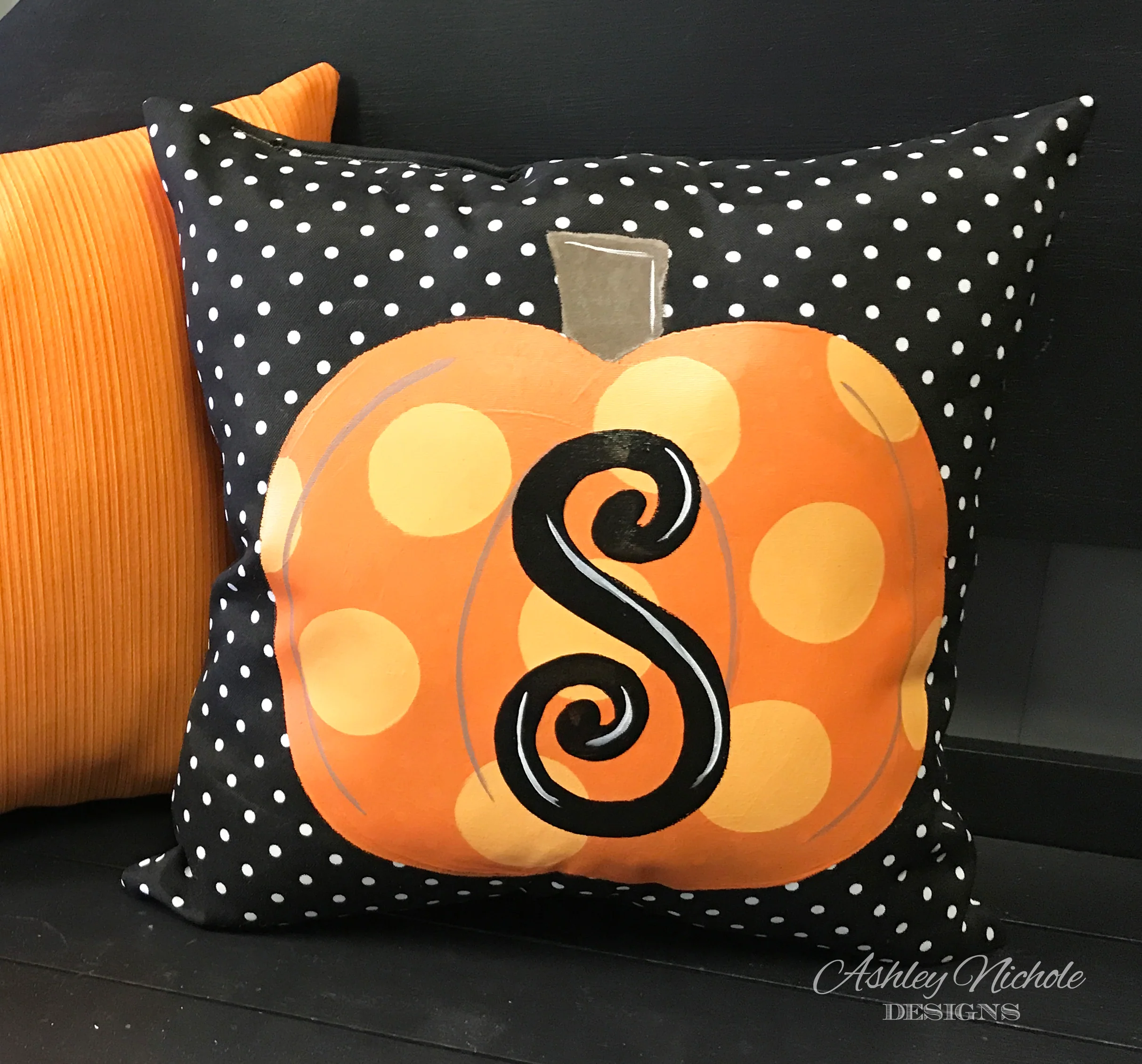 Custom Pillow - Pumpkin - Initial - on Black & White Mini Dot Outdoor Fabric