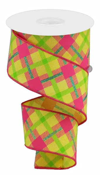 Yellow & Hot Pink Summer Plaid Wired Ribbon - 2.5” x 100ft