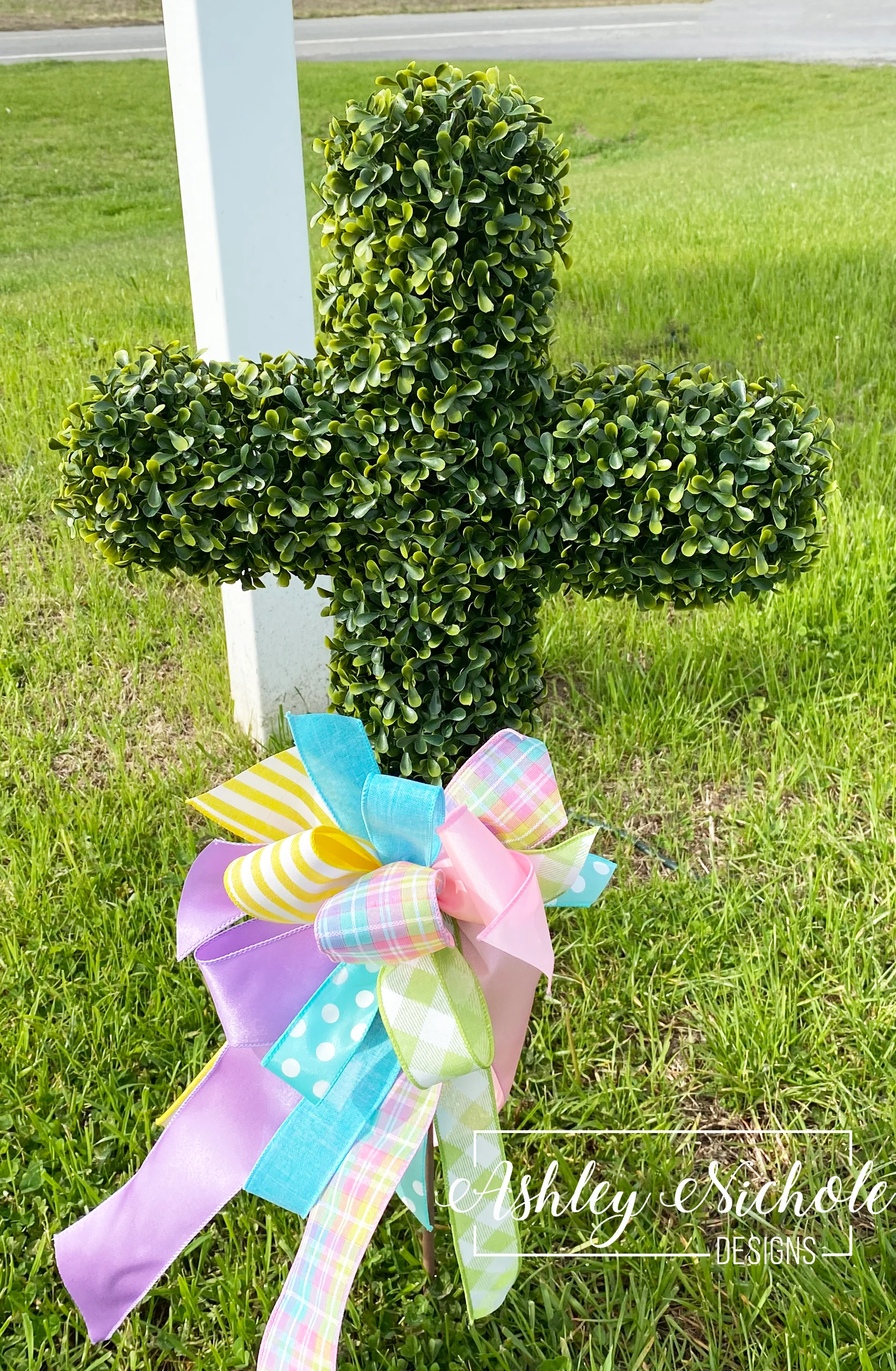 24" ~ 3-D Boxwood Cross STAKE & Bow - UV Resistant - Image 8