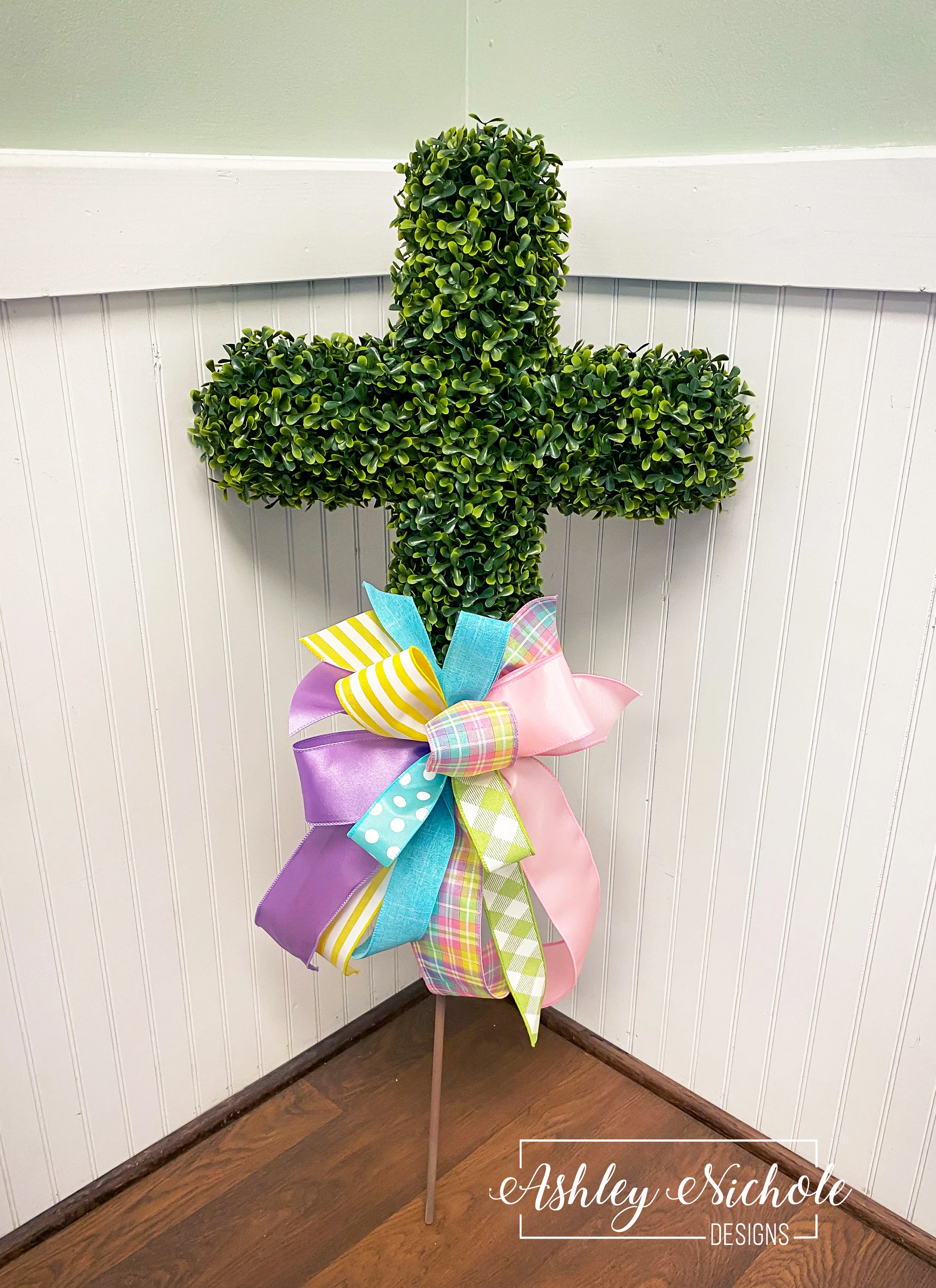 24" ~ 3-D Boxwood Cross STAKE & Bow - UV Resistant - Image 9