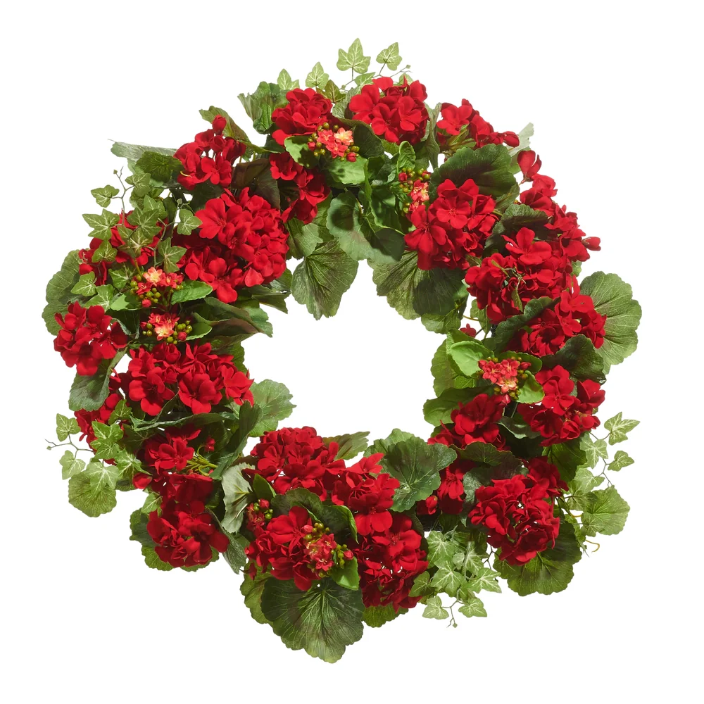 24" Geranium & Kalanchoe Wreath - Red
