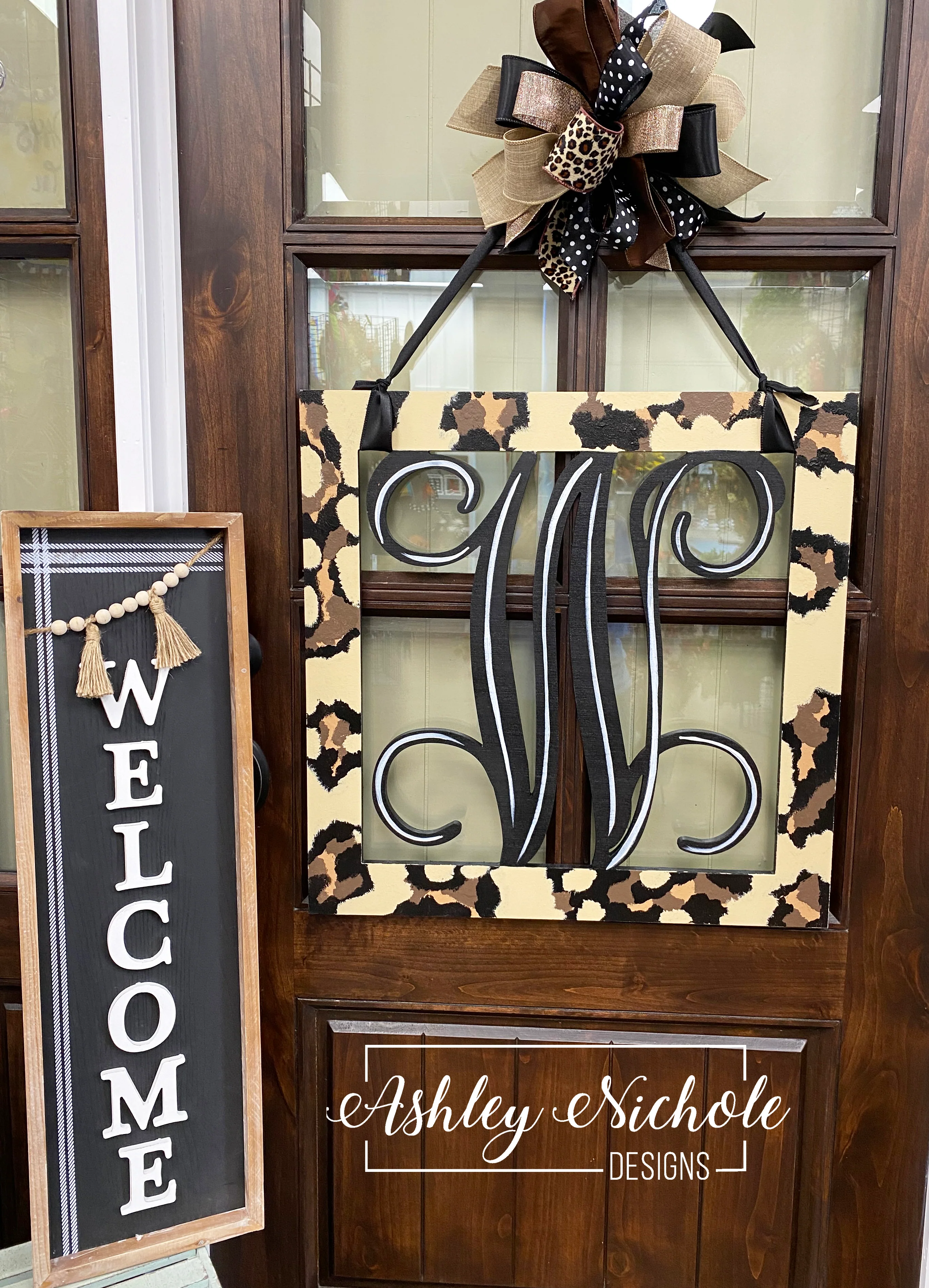 24" Square Leopard Print with Vine Font Initial (Hand-Painted)