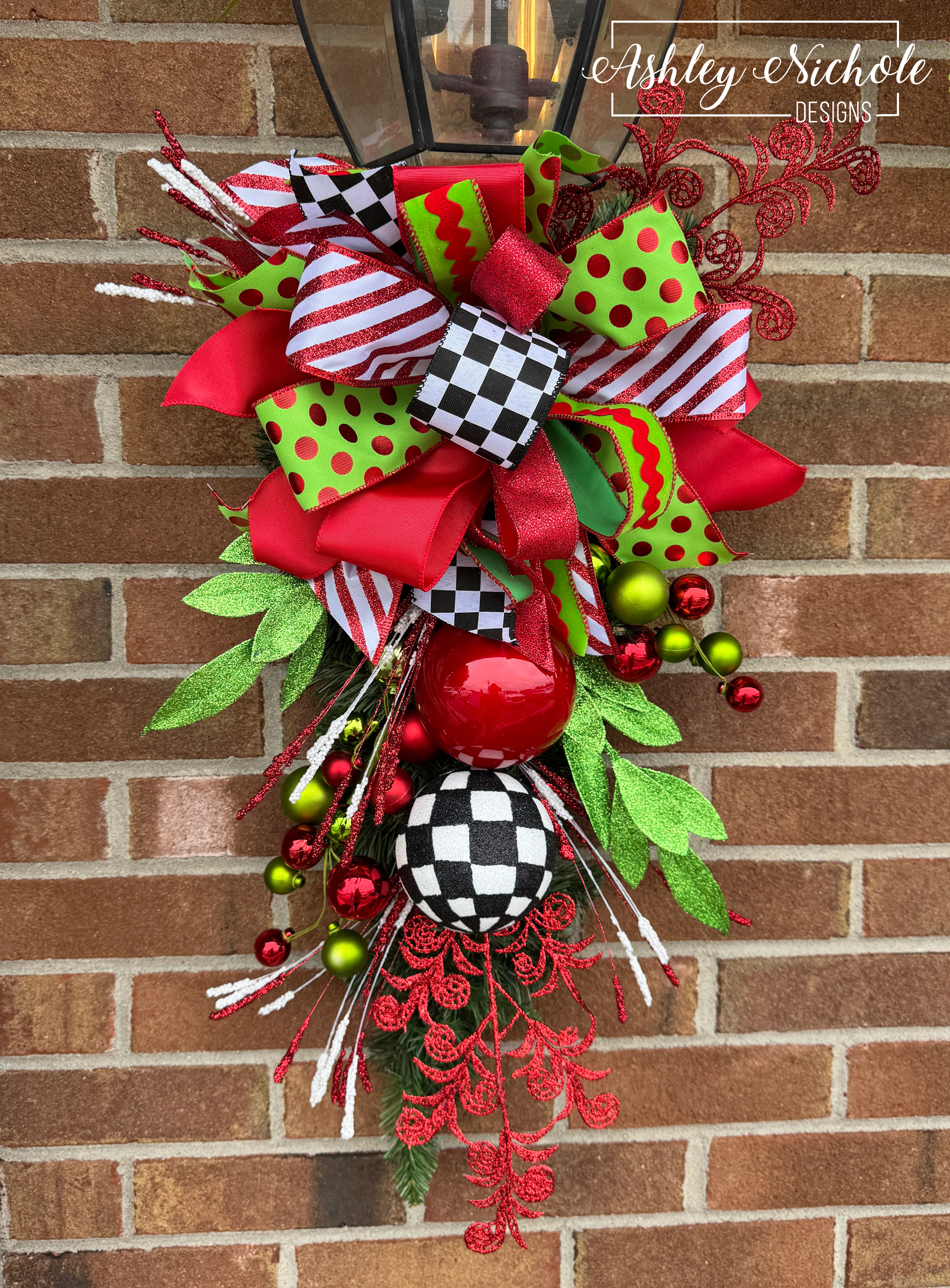 26" Decorated Evergreen Lantern Swag - Matching - Checkered Whimsical Christmas
