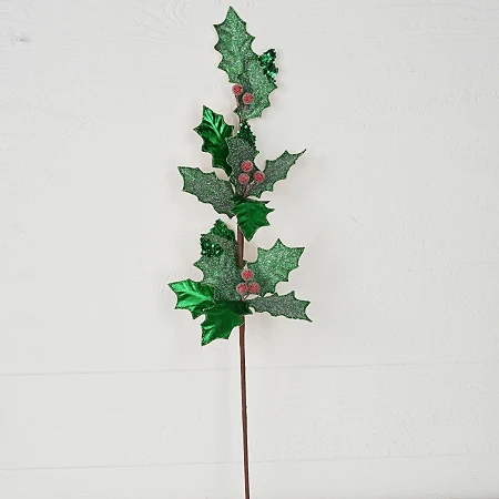 27" Metallic & Sugared Holly Leaf & Berry Spray - Green/Red