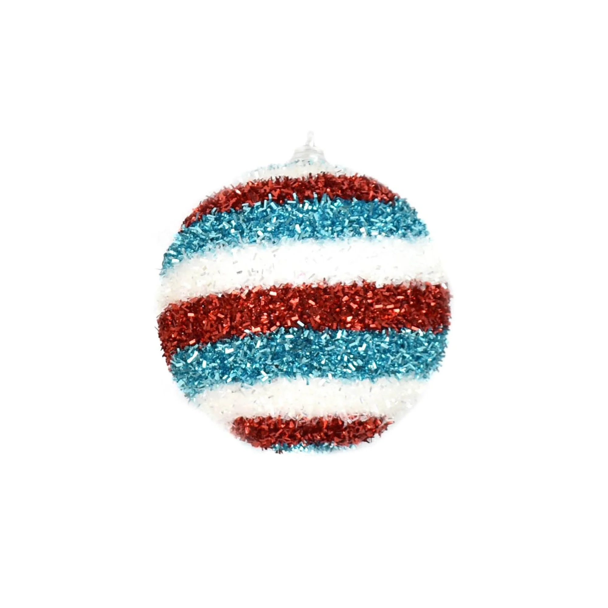 4" Horizontal Stripe Cut Tinsel Ball Ornament - White, Red & Blue