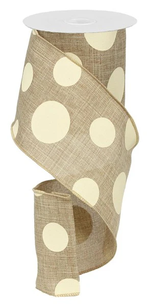 Tan & Cream Large Multi Dot Wired Ribbon - 4"x10Yds