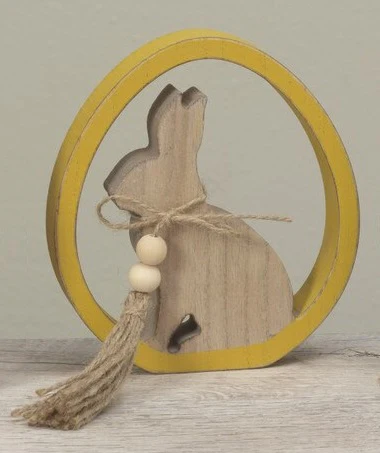 5.91" Wooden Easter Egg with Bunny & Bead accents - Yellow/Natural