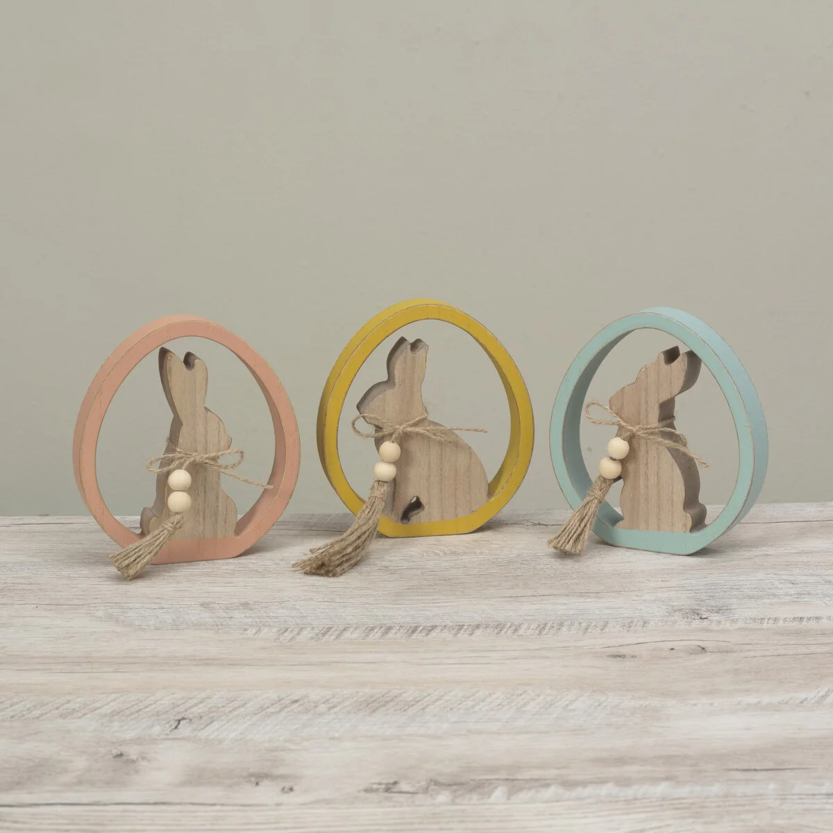 5.91" Wooden Easter Egg with Bunny & Bead accents - Yellow/Natural - Image 2
