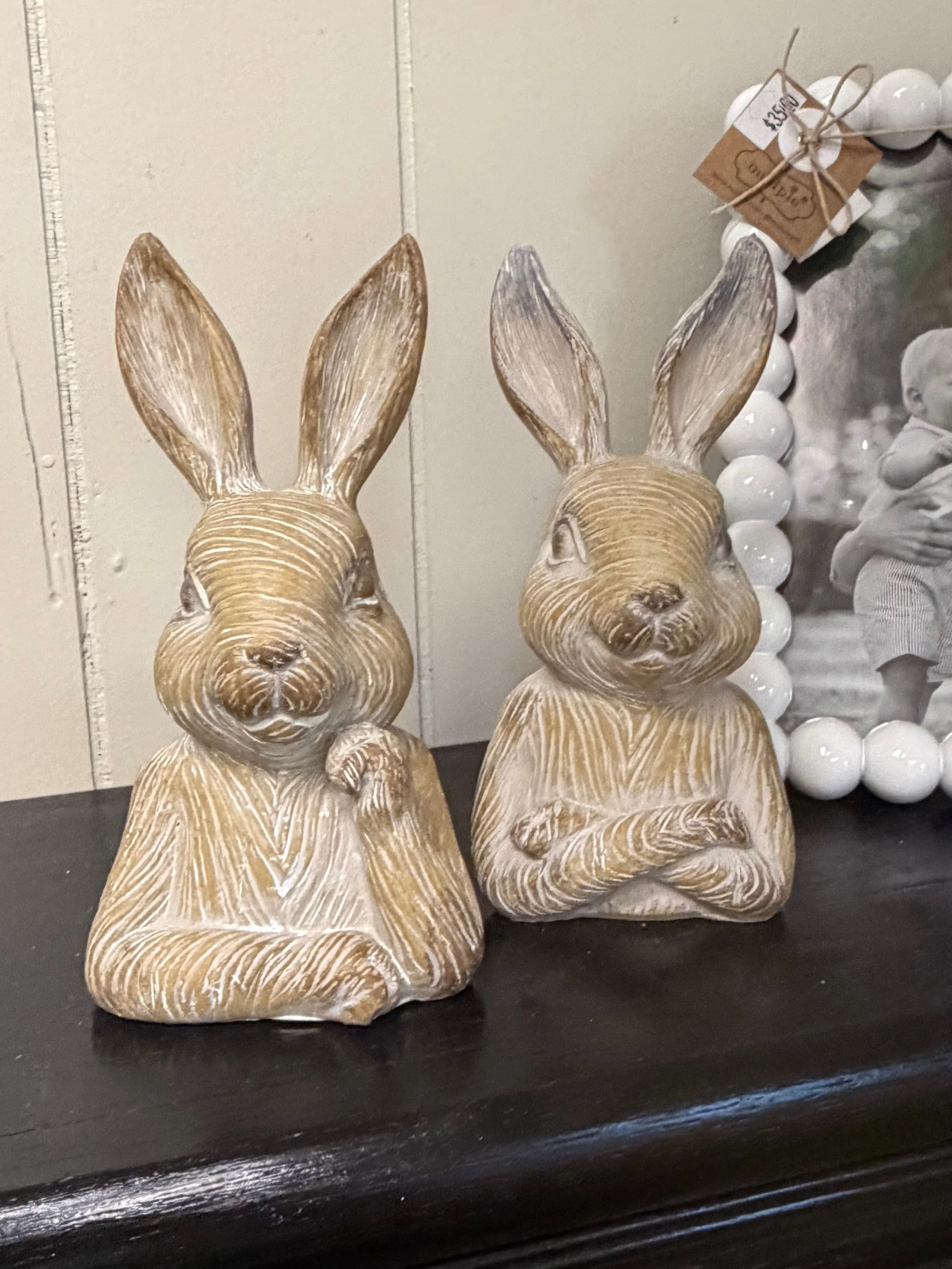 6" Resin Thoughtful Bunny - Weathered Brown - Paw on Chin - Image 2