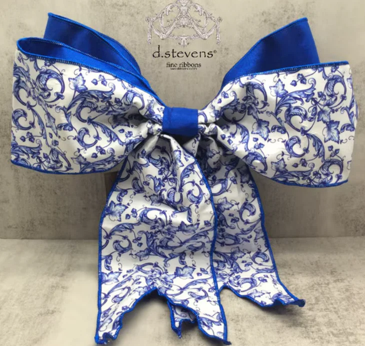 6" x 18" Taffeta Acanthus Scroll Bow - Chinoiserie Blue/White - Image 2