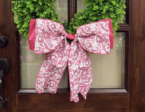 6" x 18" Taffeta Acanthus Scroll Bow - Chinoiserie Hot Pink/White