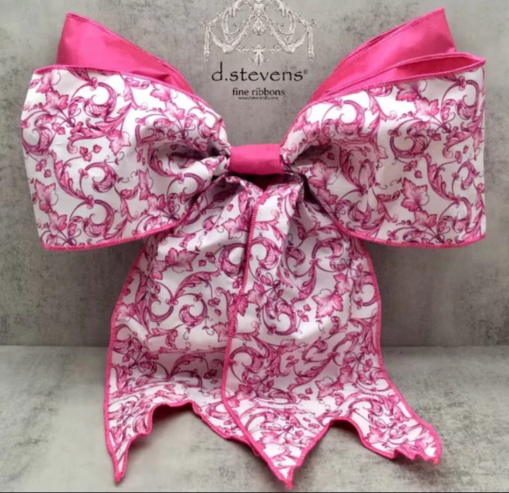 6" x 18" Taffeta Acanthus Scroll Bow - Chinoiserie Hot Pink/White - Image 2