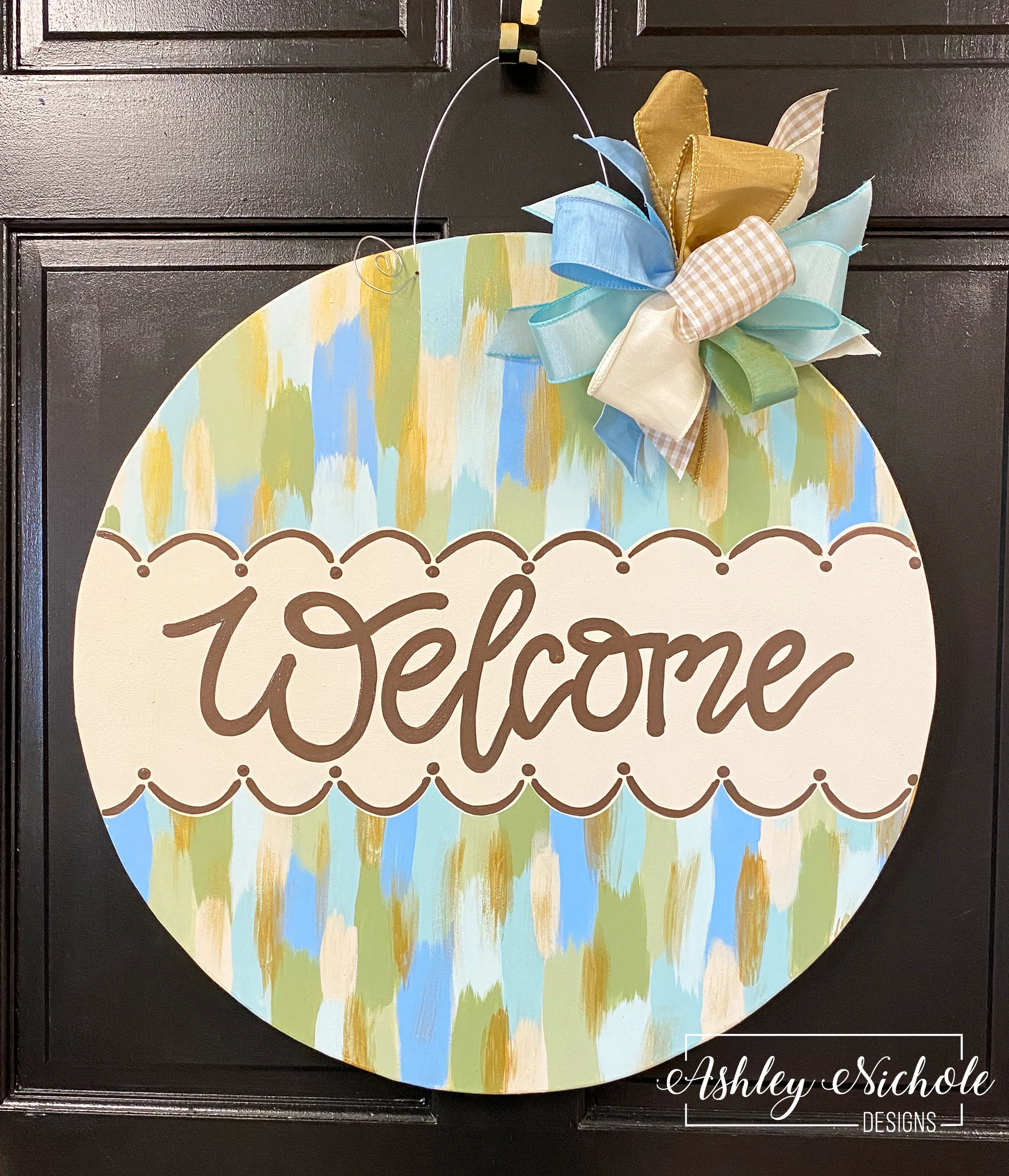 Abstract Welcome - NEUTRAL BLUE PASTEL - Plaque Door Hanger (UV Printed only)