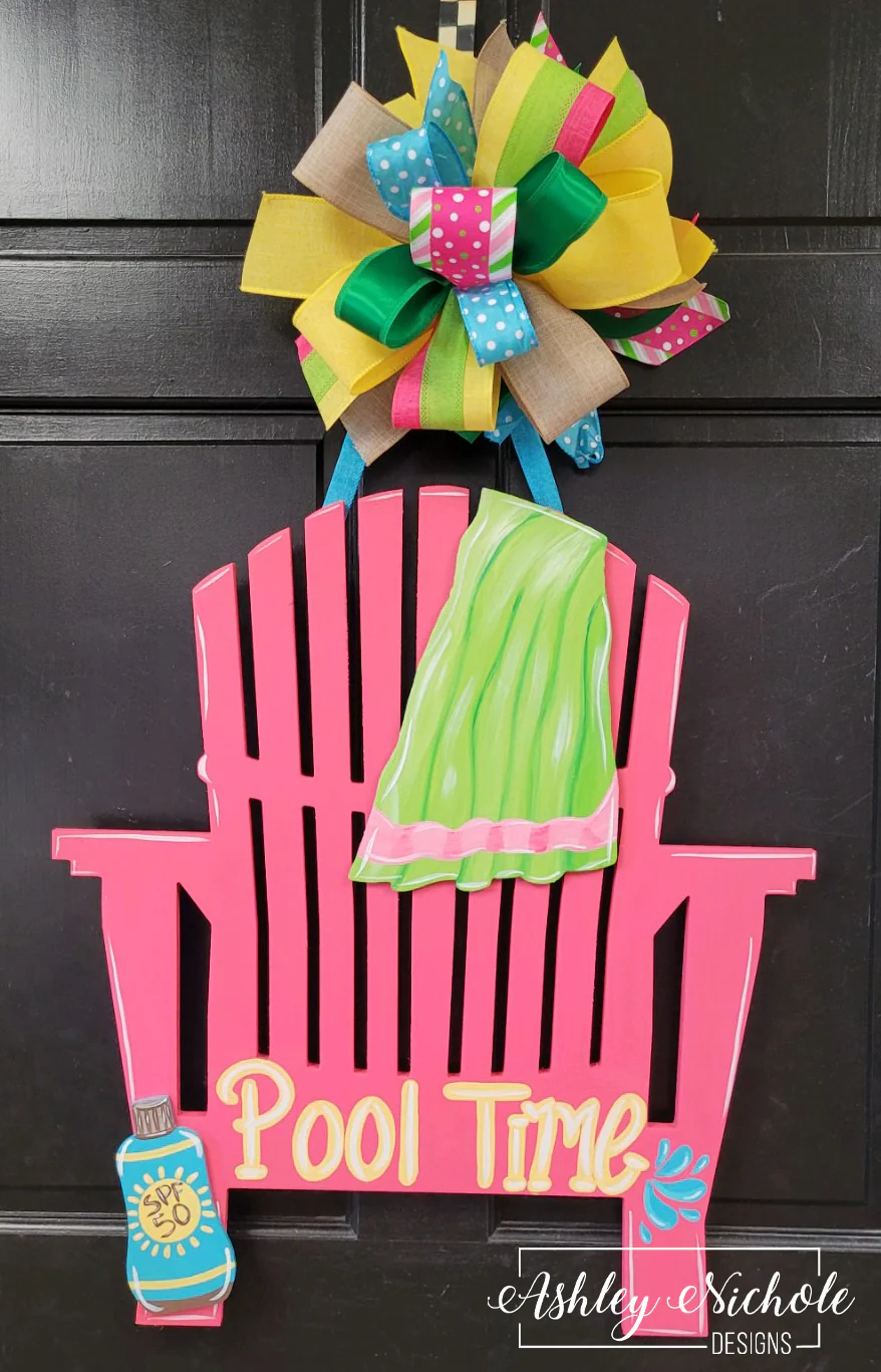 Adirondack Chair POOL TIME Door Hanger - PINK (Hand-Painted)