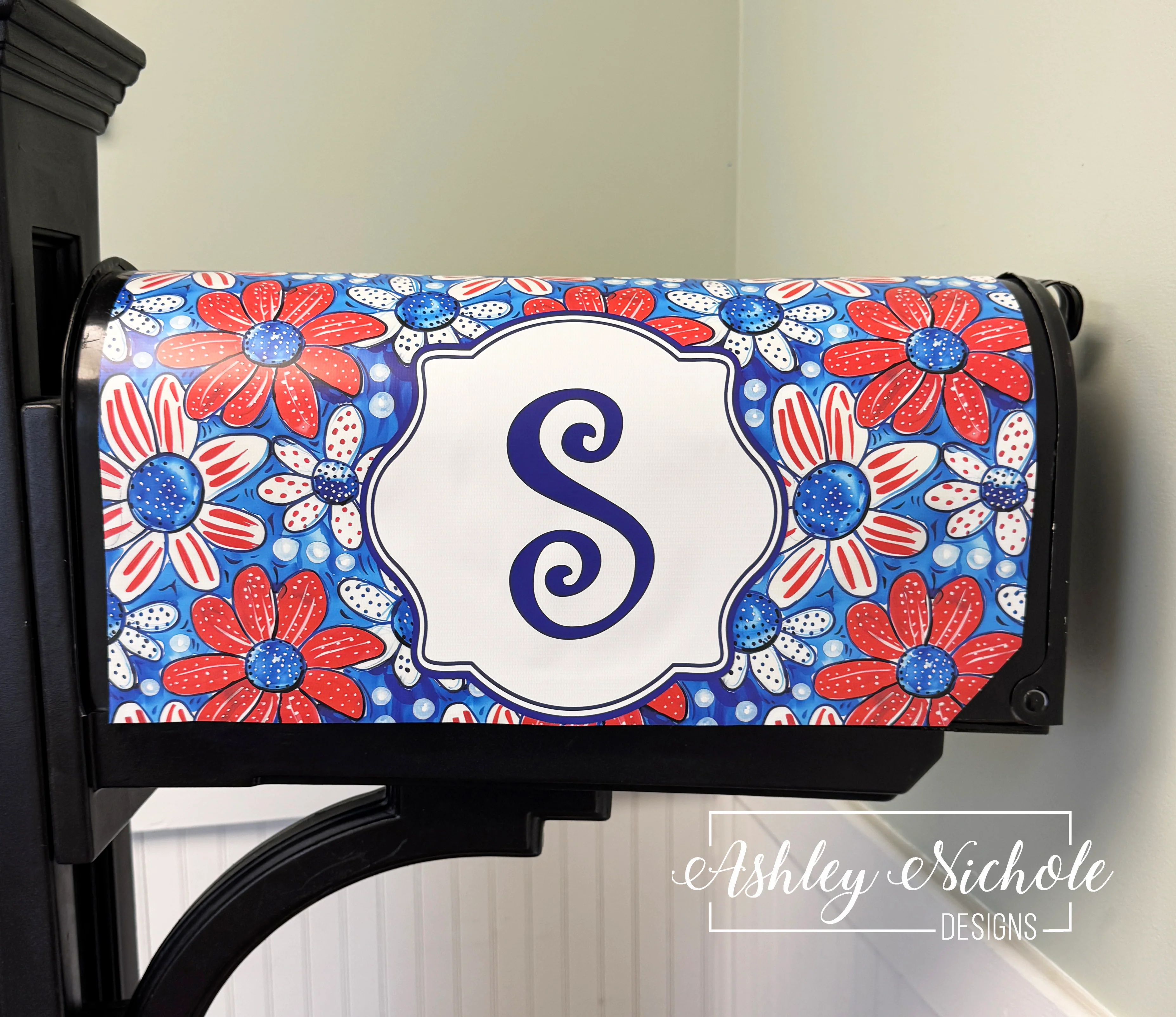 All-American Blooms - Initial - Patriotic - Magnetic Vinyl Mailbox Cover