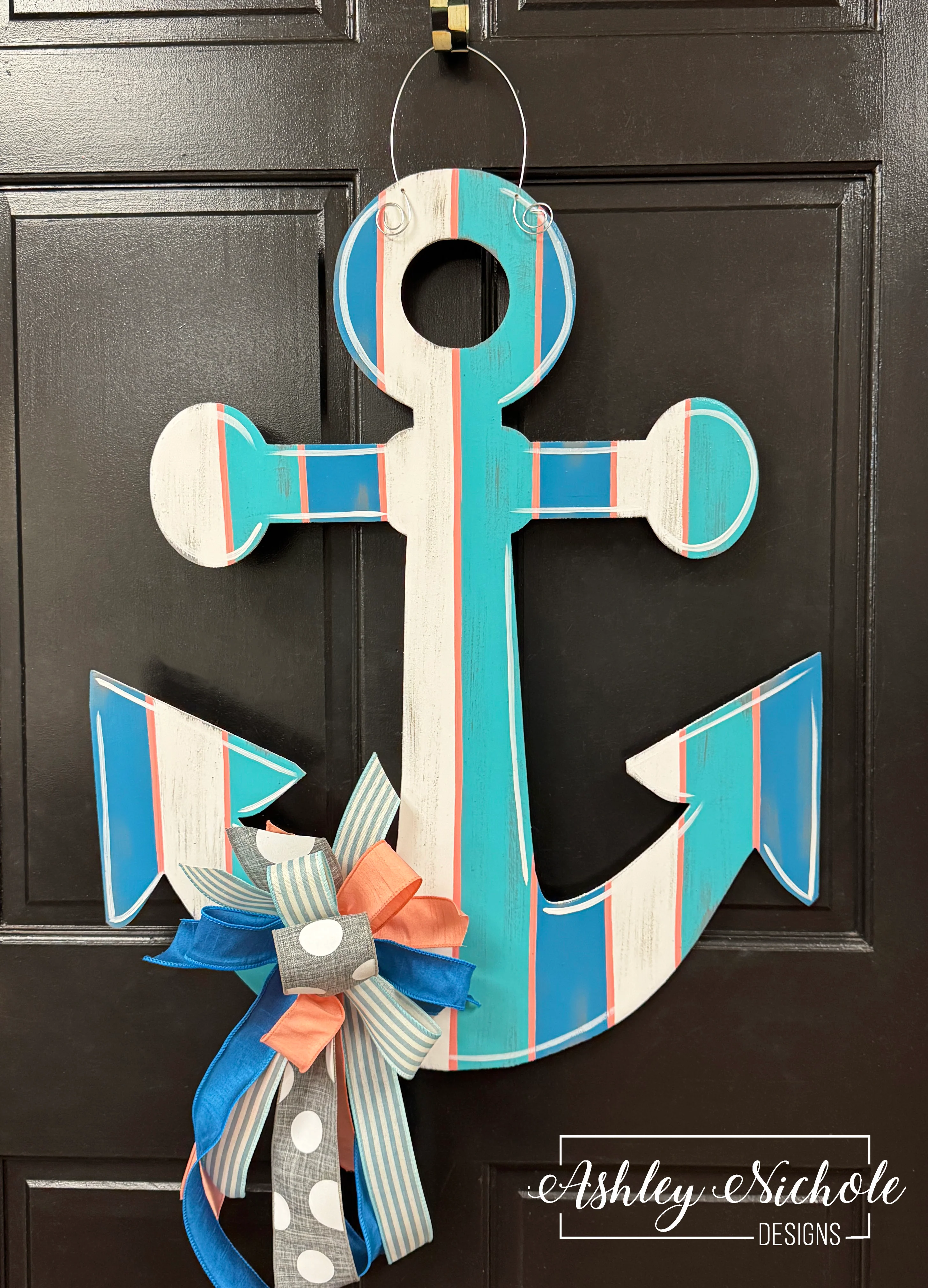 Anchor ~ Blues & Coral - Door Hanger (Hand-Painted)