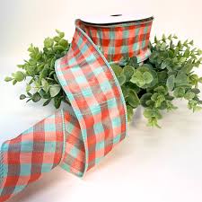 Aqua & Coral Spring Plaid Wired Ribbon - 2.5" x 10yds