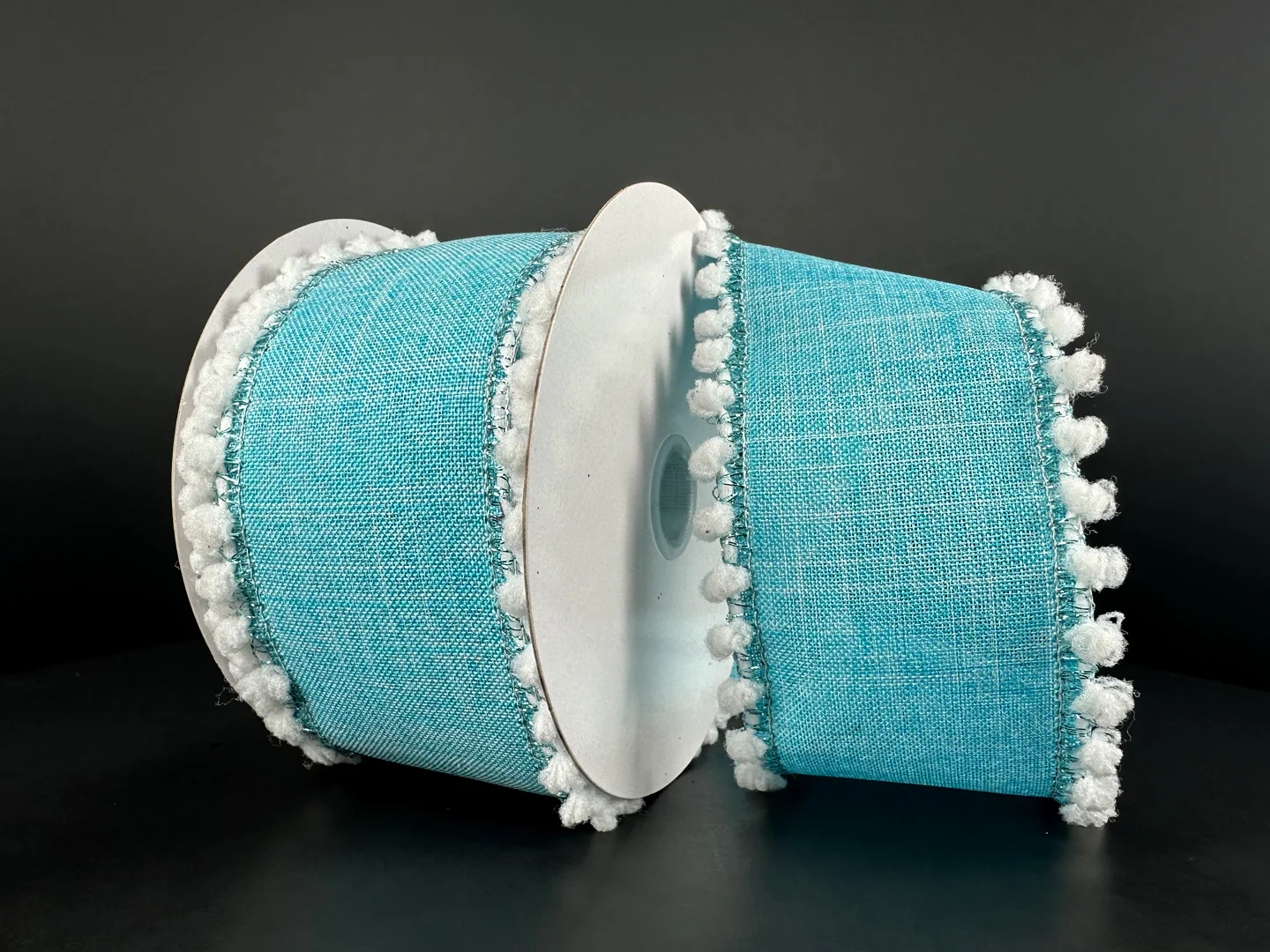 Aqua Linen w/ White Embroidered Snow Edge - 2.5" x 10yds