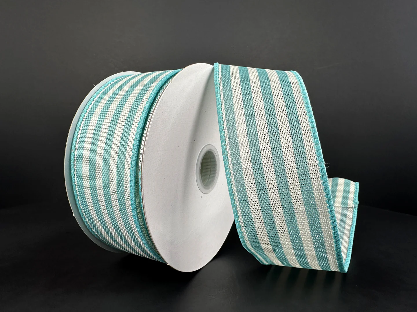 Aqua Linen w/ White Stripe Wired Ribbon - 1.5" x 10yds