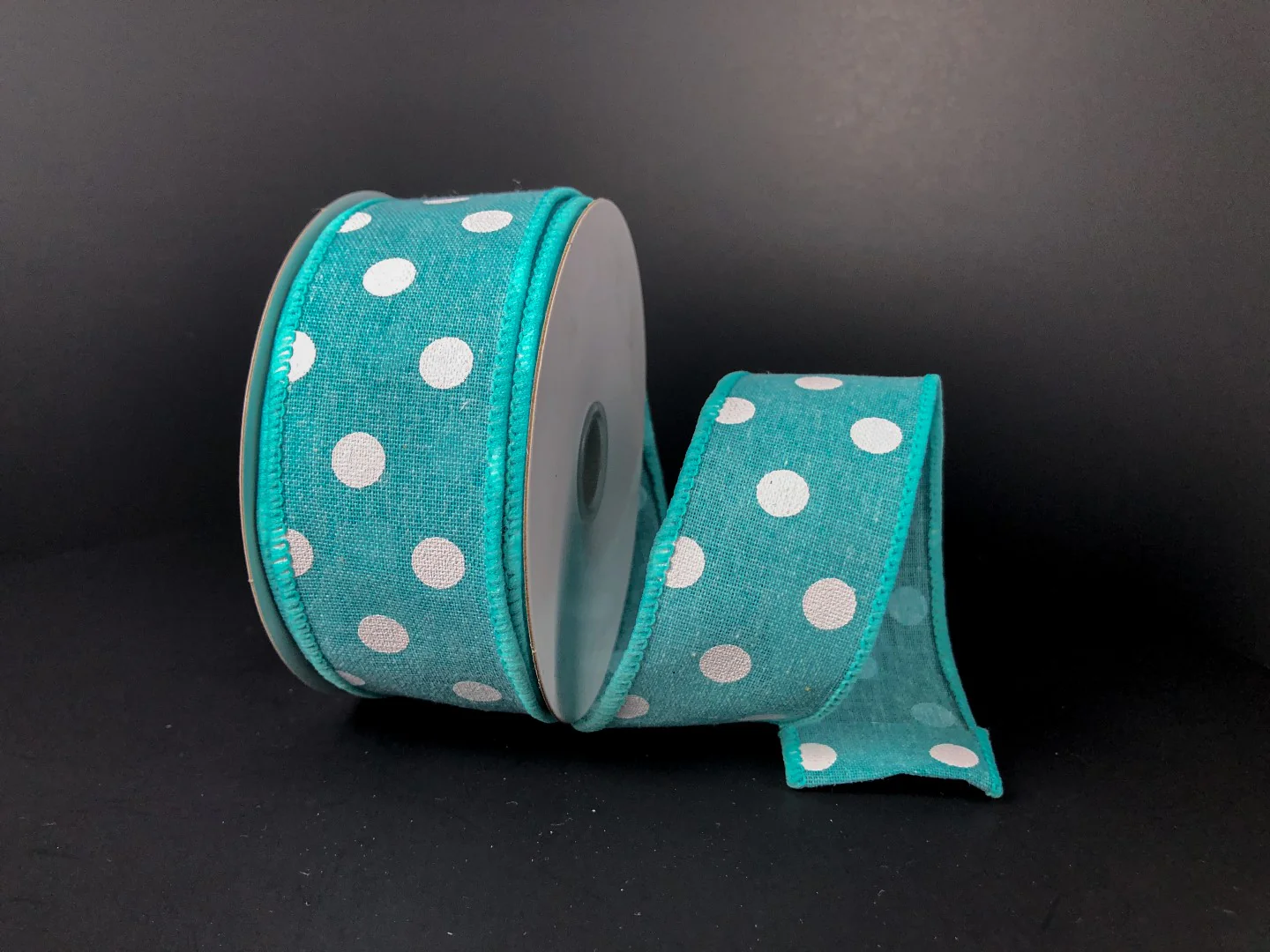 White Polka Dots on Turquoise Linen Wired Ribbon - 1..5" x 10yds
