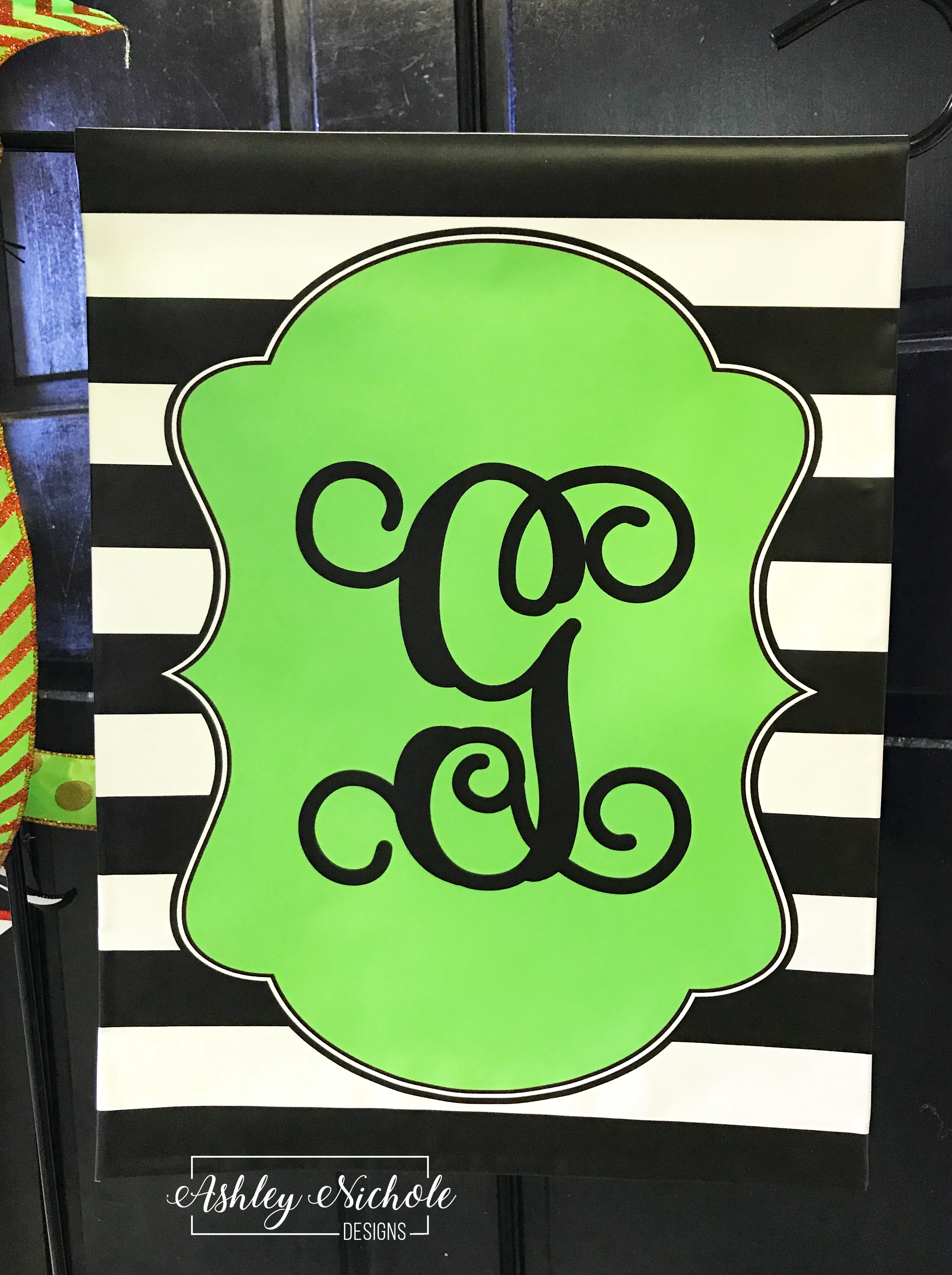 Black and White Stripe Initial - GREEN - Vinyl Garden Flag