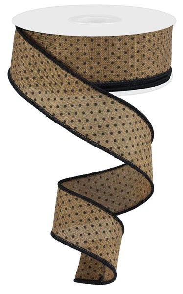 Black Micro Dots on Burlap Wired Ribbon - 1.5" x 10yds