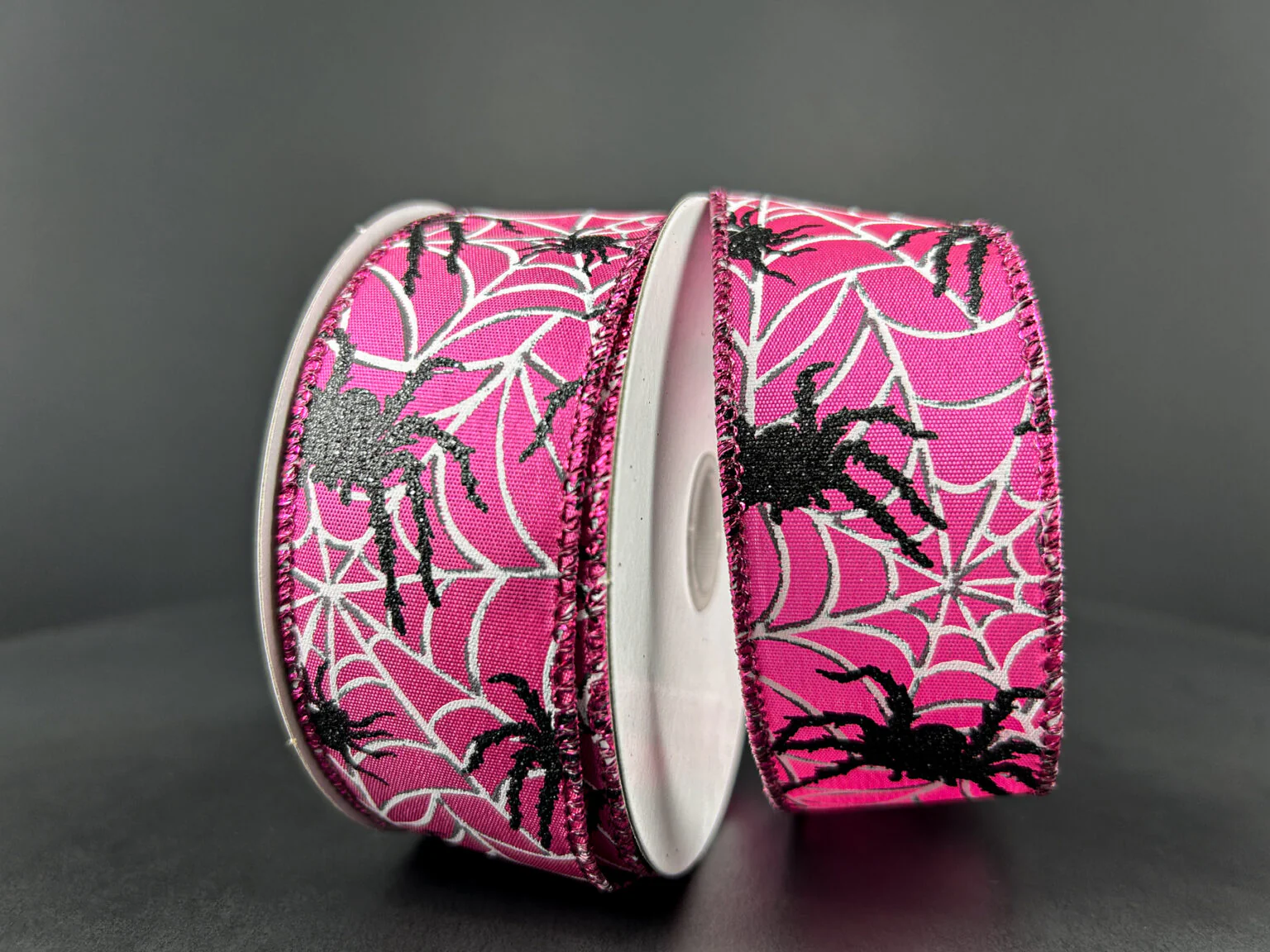 Black Sheen Spiders On Fuchsia Wired Ribbon - 1.5" x 10yds