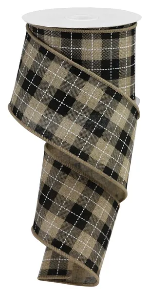 Black & Tan Printed Woven Check Wired Ribbon - 2.5 x 10yds