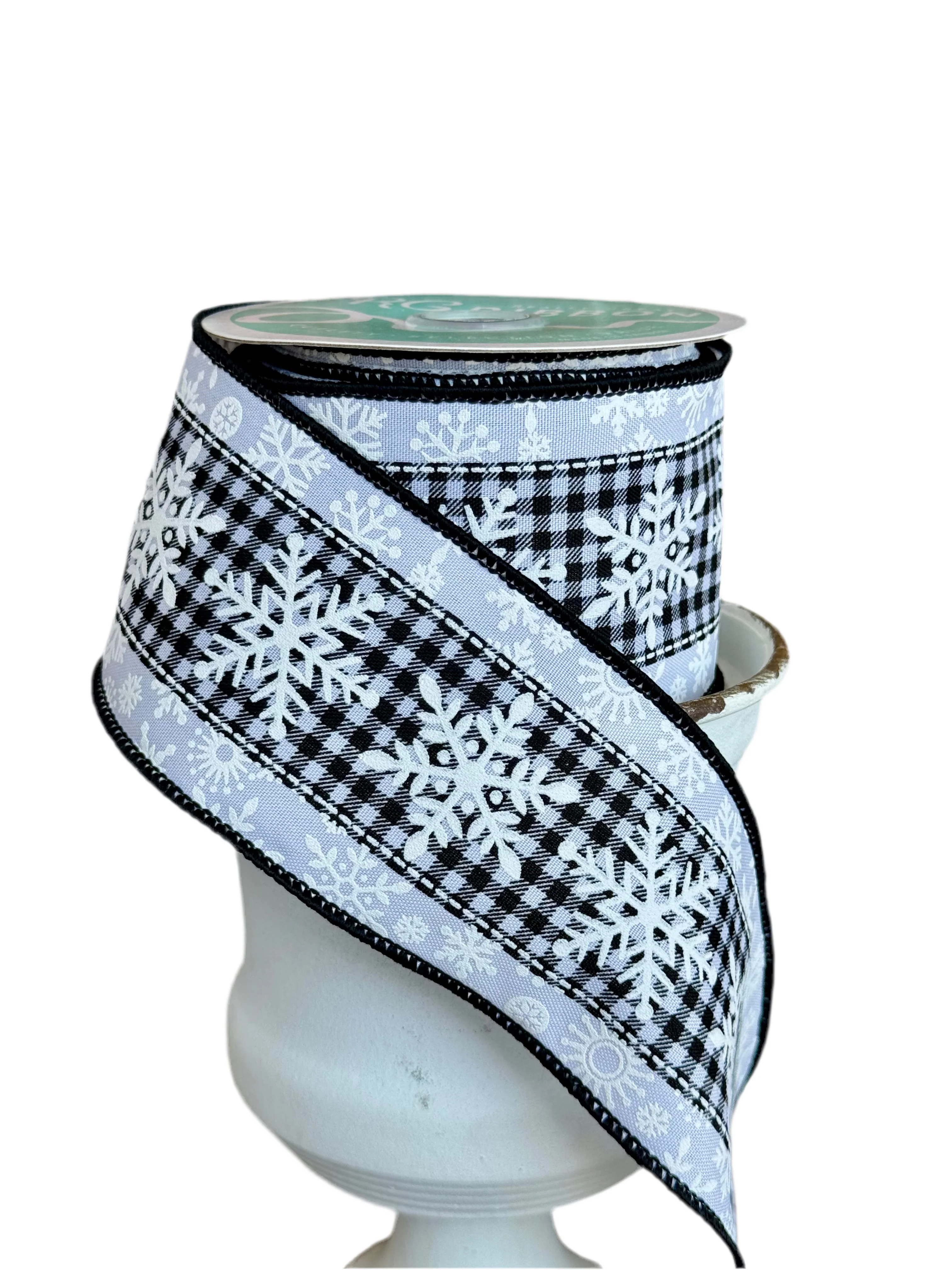 Black & White Buffalo Check Center w/ White Snowflakes Wired Ribbon - 2.5” x 10yds