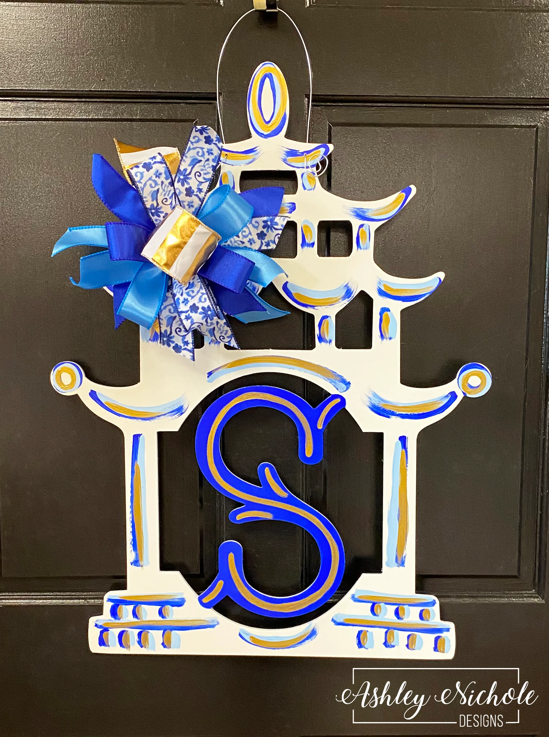 Blue and White Pagoda Door Hanger (Hand-Painted)