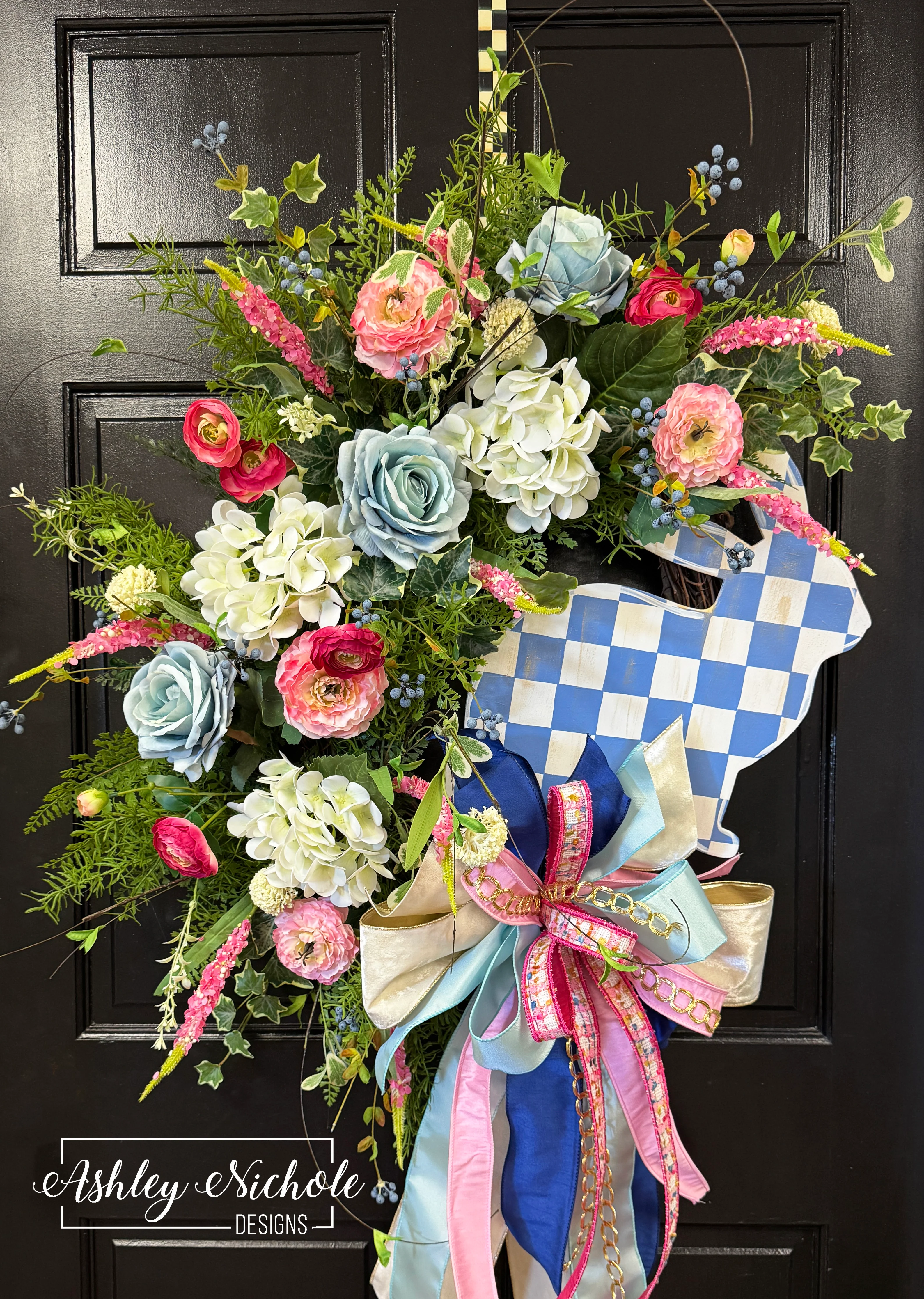 Blue Checkered Bunny Spring Wreath