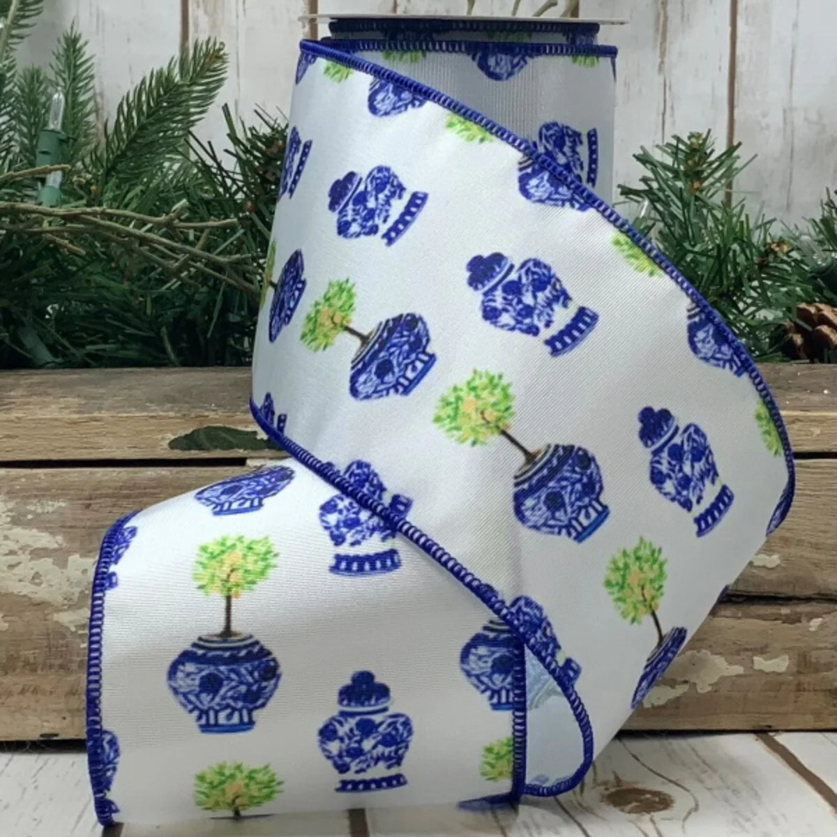 Blue & White Grosgrain Printed Urns Wired Ribbon - 4" x 10yds