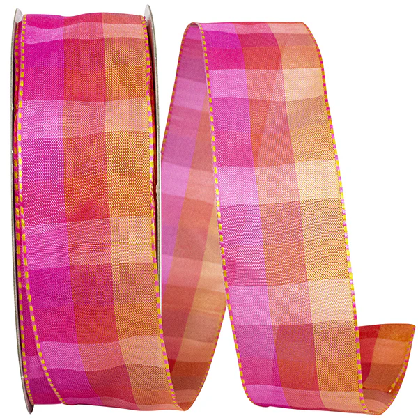 Bright Pink & Orange Plaid Wired Ribbon - 1.5" x 50yds