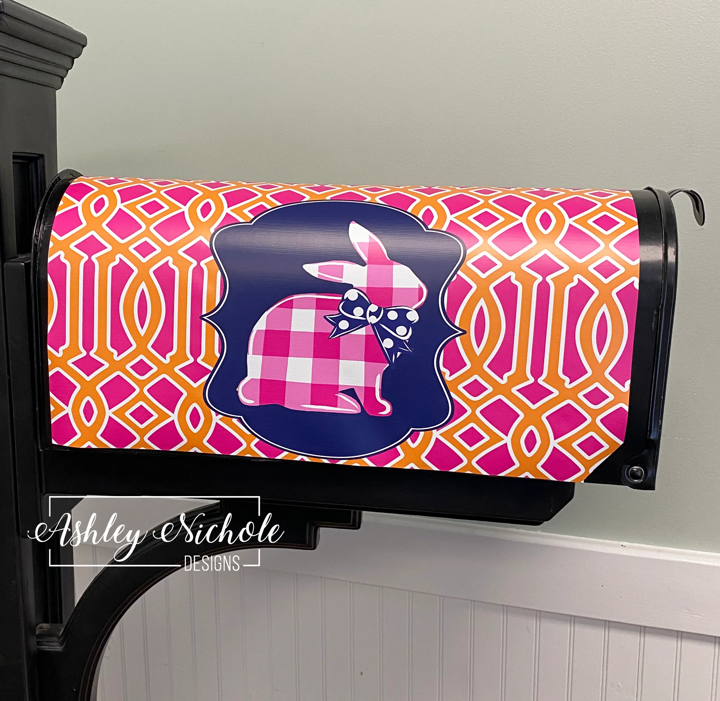 Buffalo Check Bunny - Pink/Navy/Orange - Magnetic Vinyl Mailbox Cover