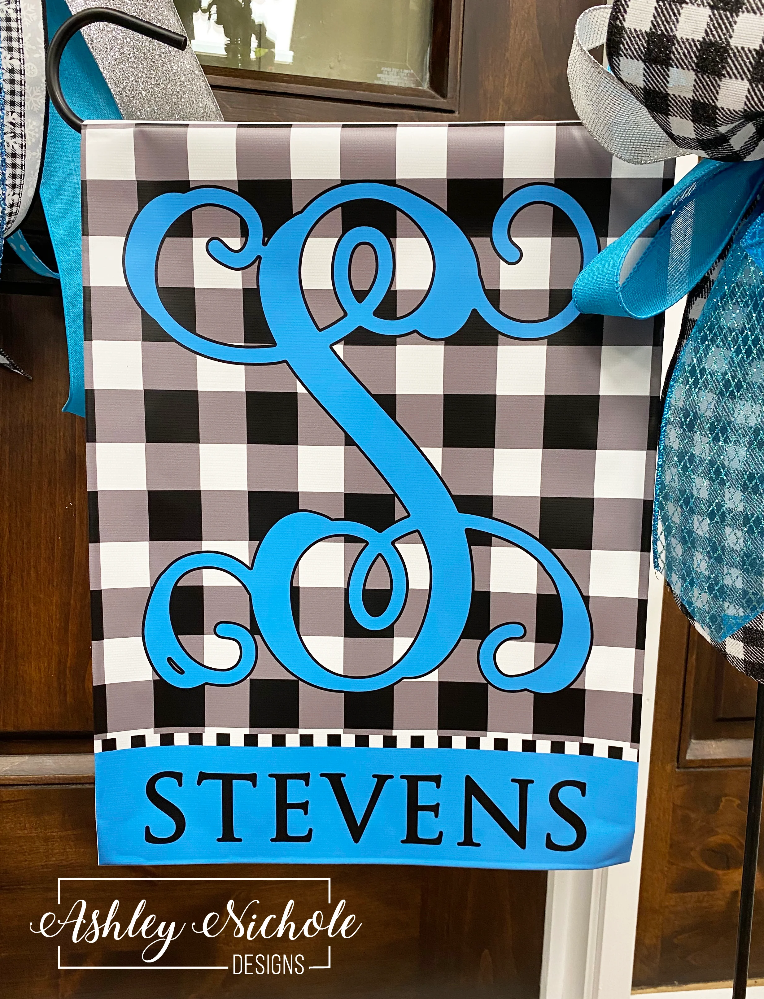 Buffalo Check - BLUE - Personalized - Vinyl Garden Flag