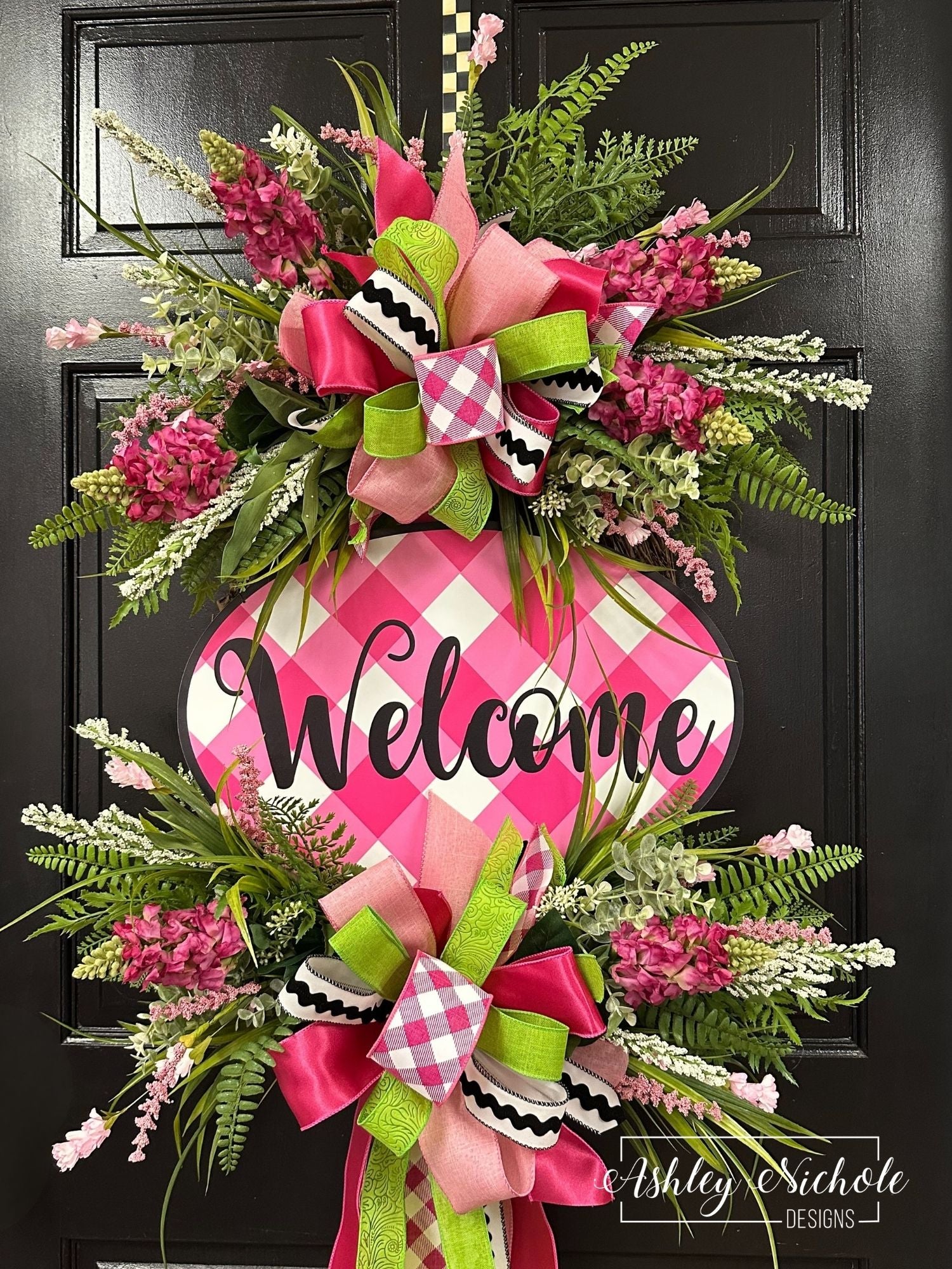 *READY to SHIP* - Buffalo Check Welcome Plaque Everyday Wreath - PINKS