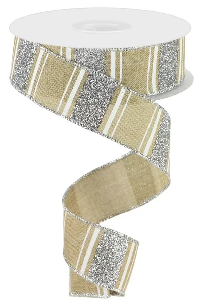 Burlap w/ Silver Glitter & White Stripes Wired Ribbon - 1.5" x 10yds