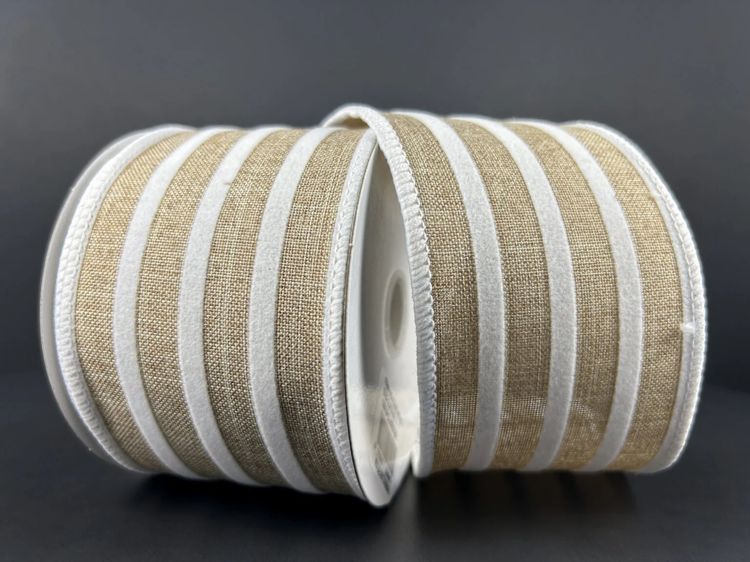 Burlap & White Flocked Cabana Stripe Wired Ribbon - 2.5" x 10yds