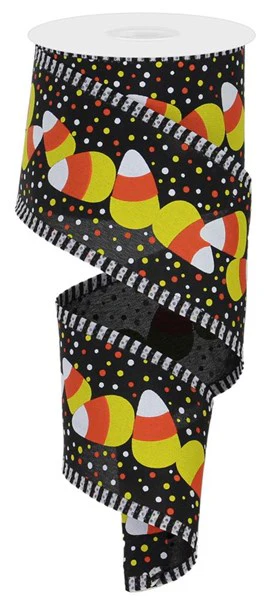 Candy Corn w/ Black & White Striped Edge Wired Ribbon - 2.5" x 10yds