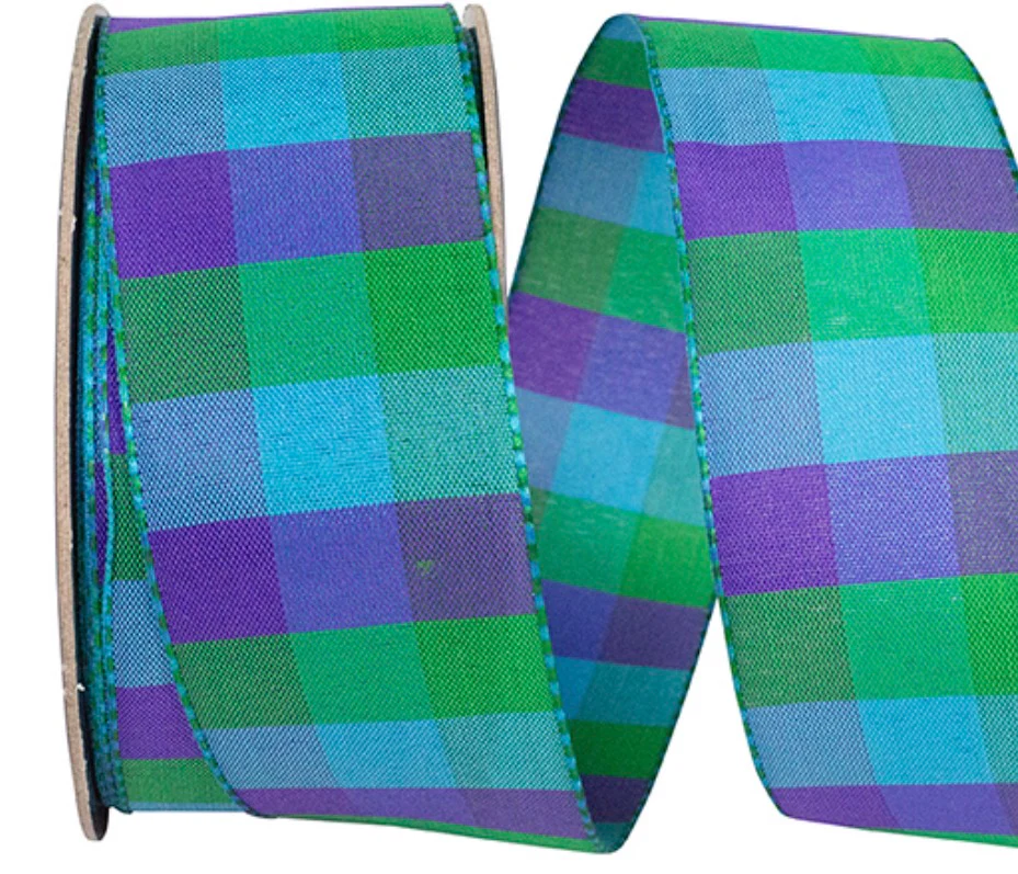 Turquoise, Royal Blue & Green Celine Check Wired Ribbon - 1.5" x 25yds